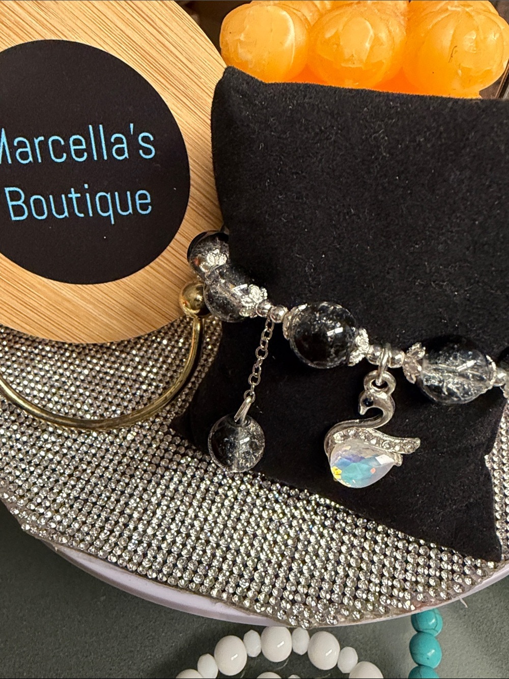 Black Crackle Bead Swan Charm Bracelet. Only one in silver!